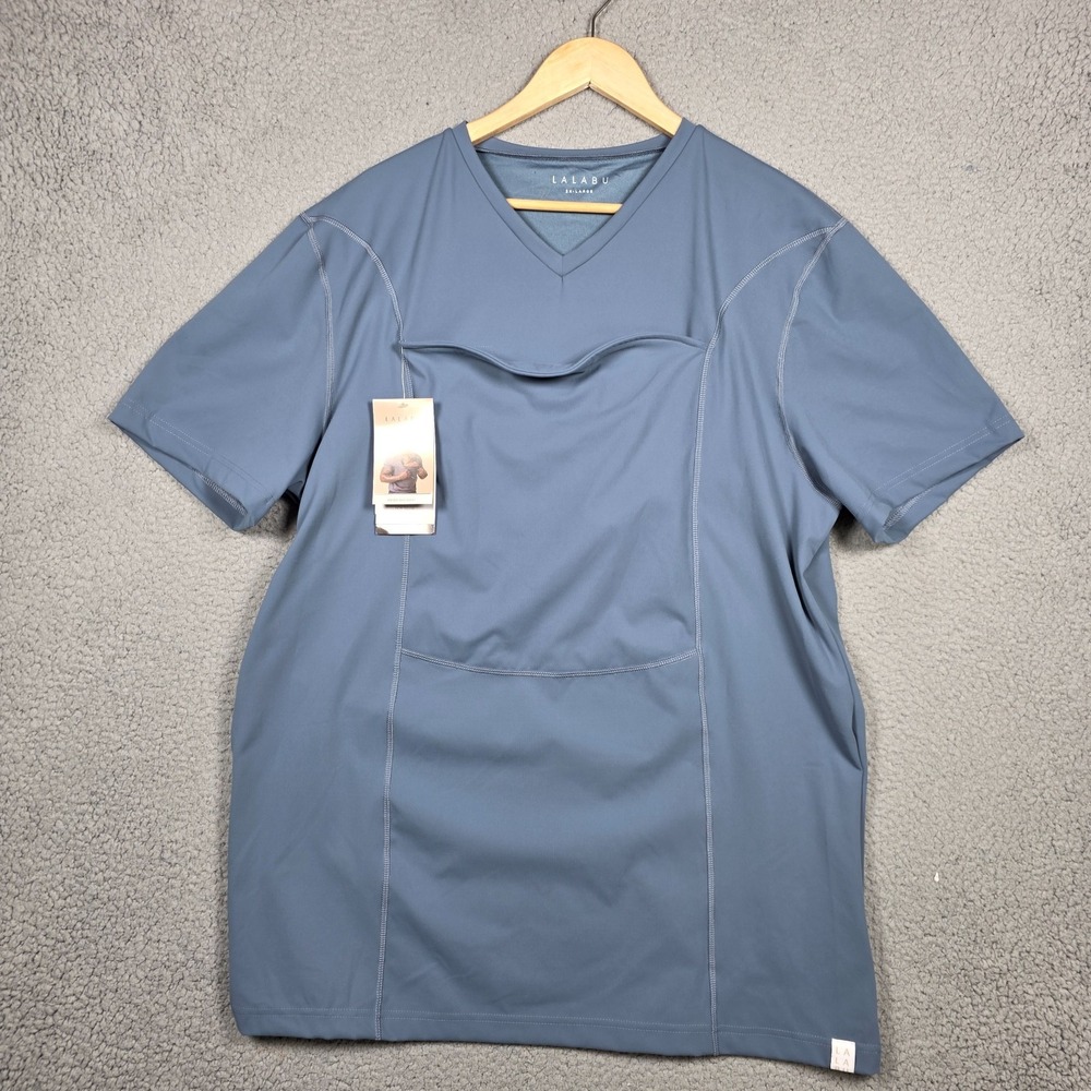 Lalabu Dad Shirt Mens Size 3XL Blue Short Sleeve Kangaroo Pouch V Neck Bonding